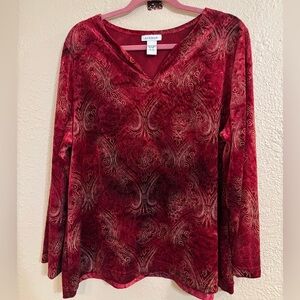 Avenue Brick Red Gold Metallic Velvet Long Sleeve Paisley Tunic Blouse SZ 18/ 20